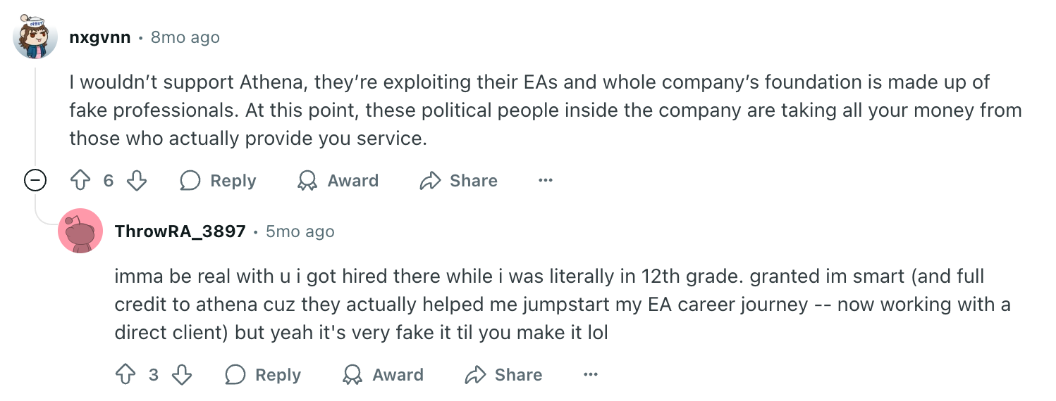 Athea EAs are 12th grade students, as reported by their customer on Reddit