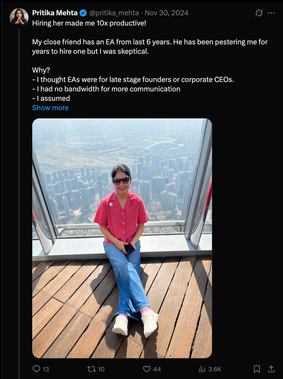 Tweet by Pritika Mehta saying hiring an Athena EA made her 10x more productive.