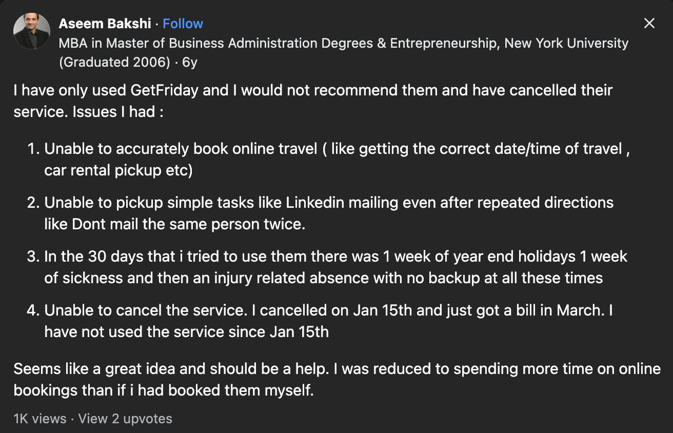 Getfriday review posted by a customer on Quora