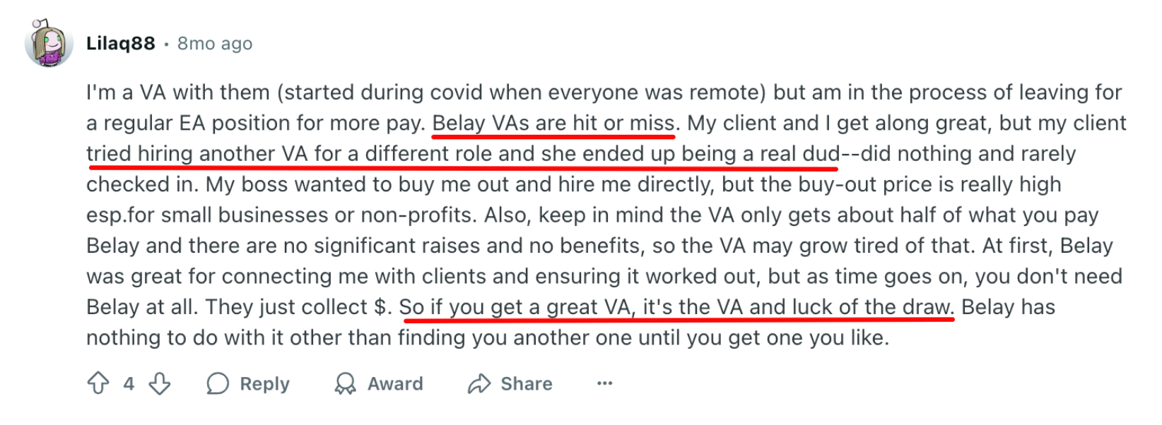 Screenshot of a Reddit comment reviewing Belay, where a virtual assistant shares that Belay VAs are hit or miss, and client experiences depend heavily on luck and inconsistent quality.