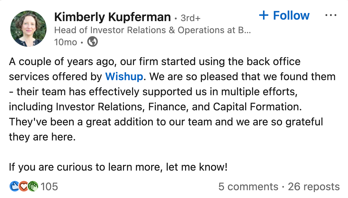 Testimonial from a client of Wishup who has been using our VAs for more than two years