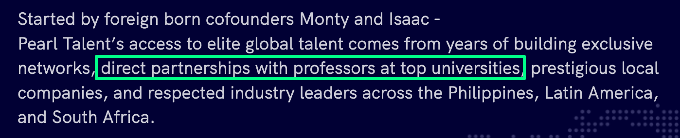 Latest screenshot taken from Pearl Talent website that says they hire VAs by relying on university alumni networks and professor recommendations.