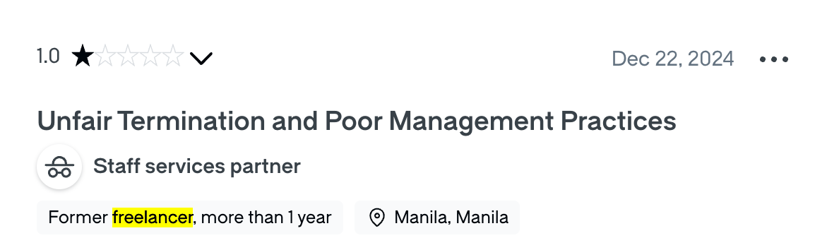 A 1-star Glassdoor review from a freelancer at Bruntwork citing unfair management practices.