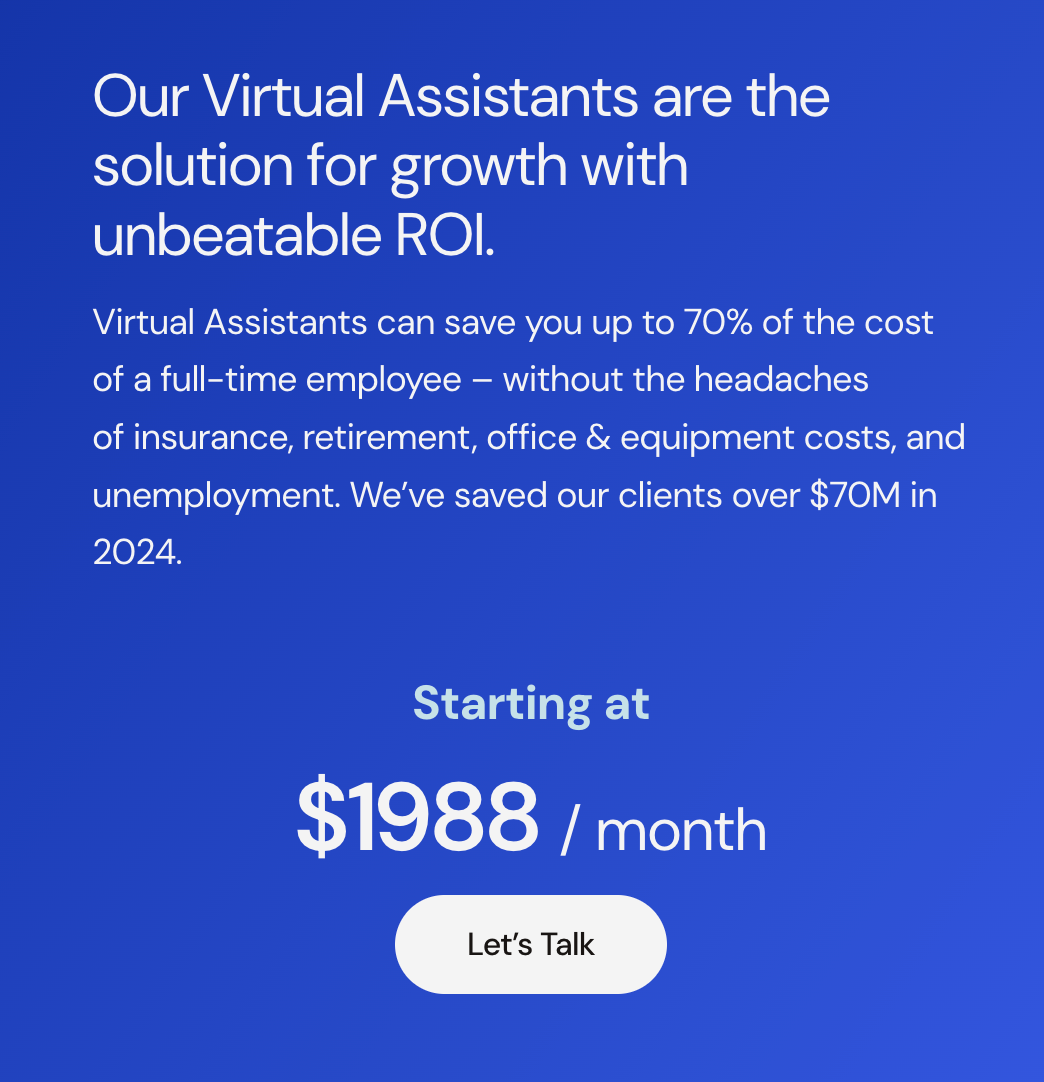 Cost of MyOutDesk virtual assistant starts from $1,988