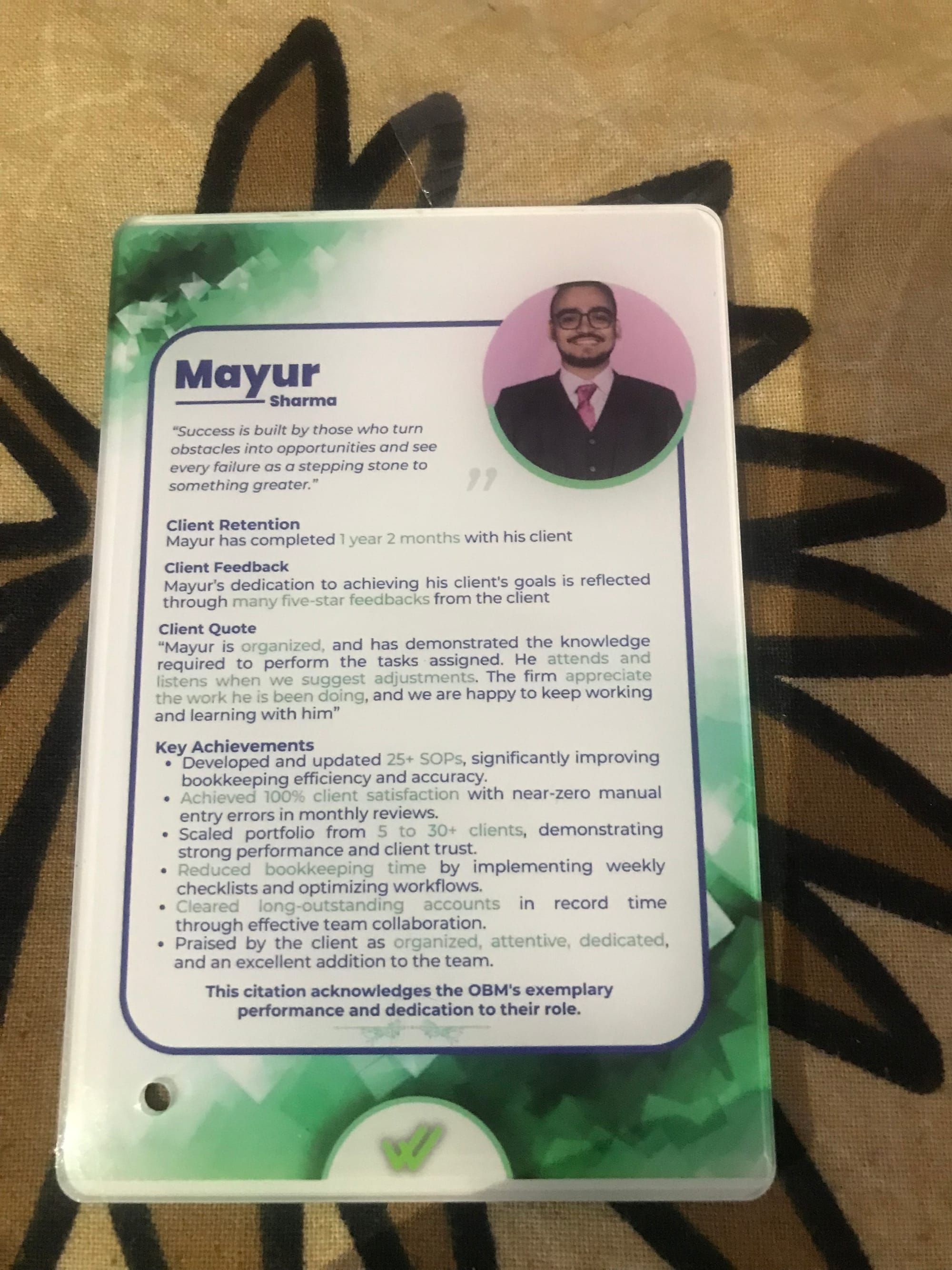 Wishup's gift to Mayur Sharma (one of the virtual assistants), highlighting his key achievements.