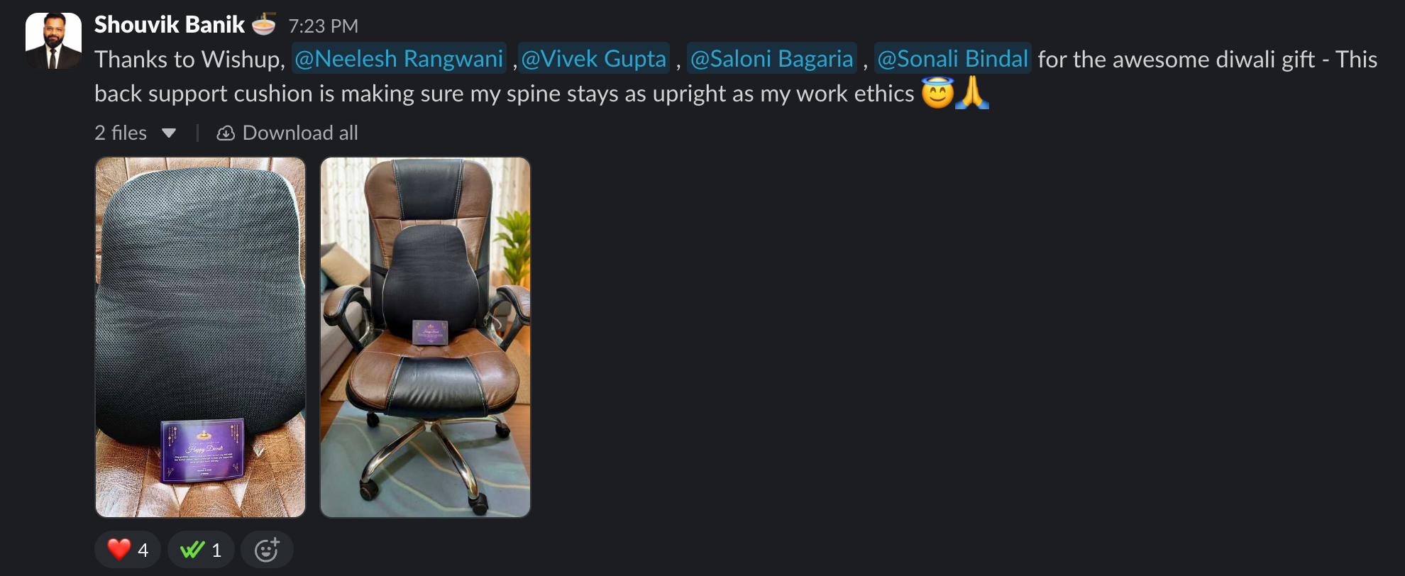 Wishup gifted back support cushion to its 1500+ admin and executive assistants.