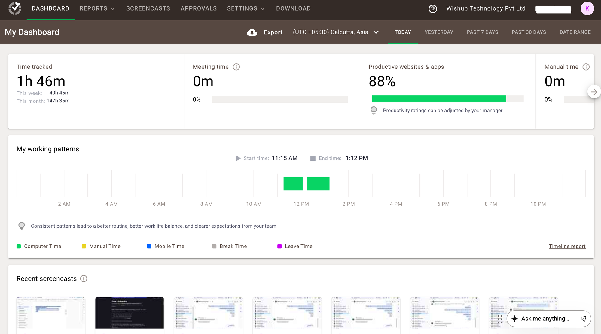 A sample screenshot from TimeDoctor app that contains the time tracked user-interface of a Wishup virtual assistant