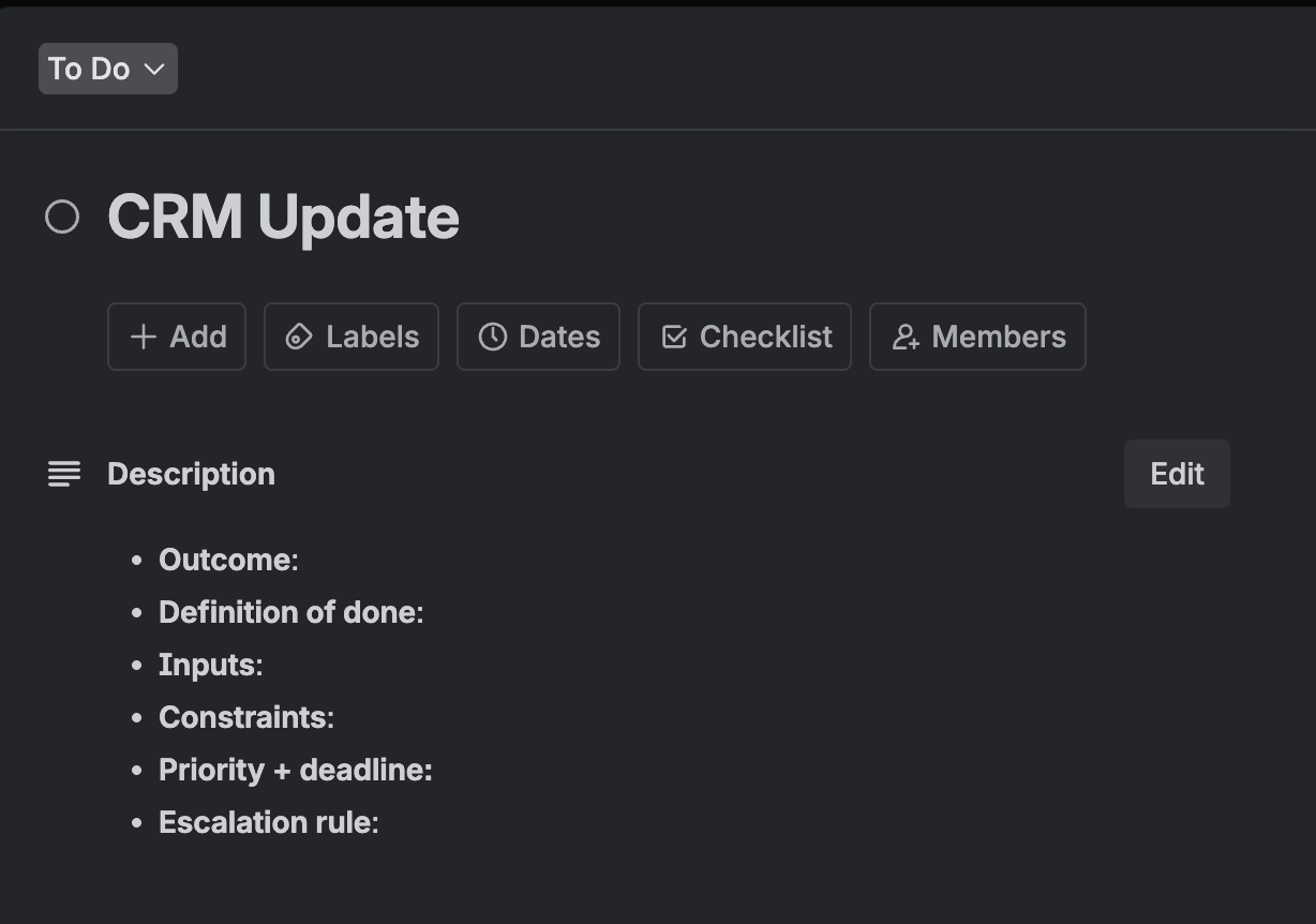 Sample Trello card with key guidelines/metrics