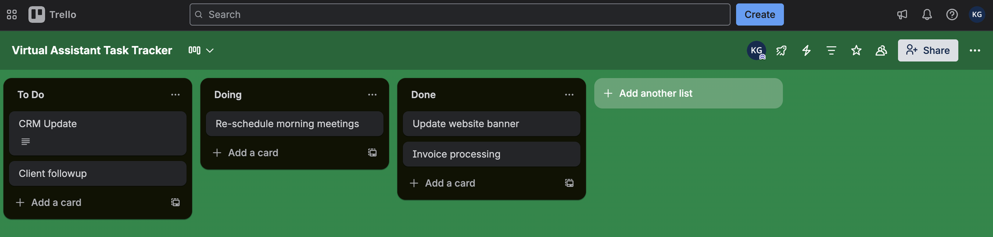 Screenshot from a client managing the tasks of a virtual assistant on Trello