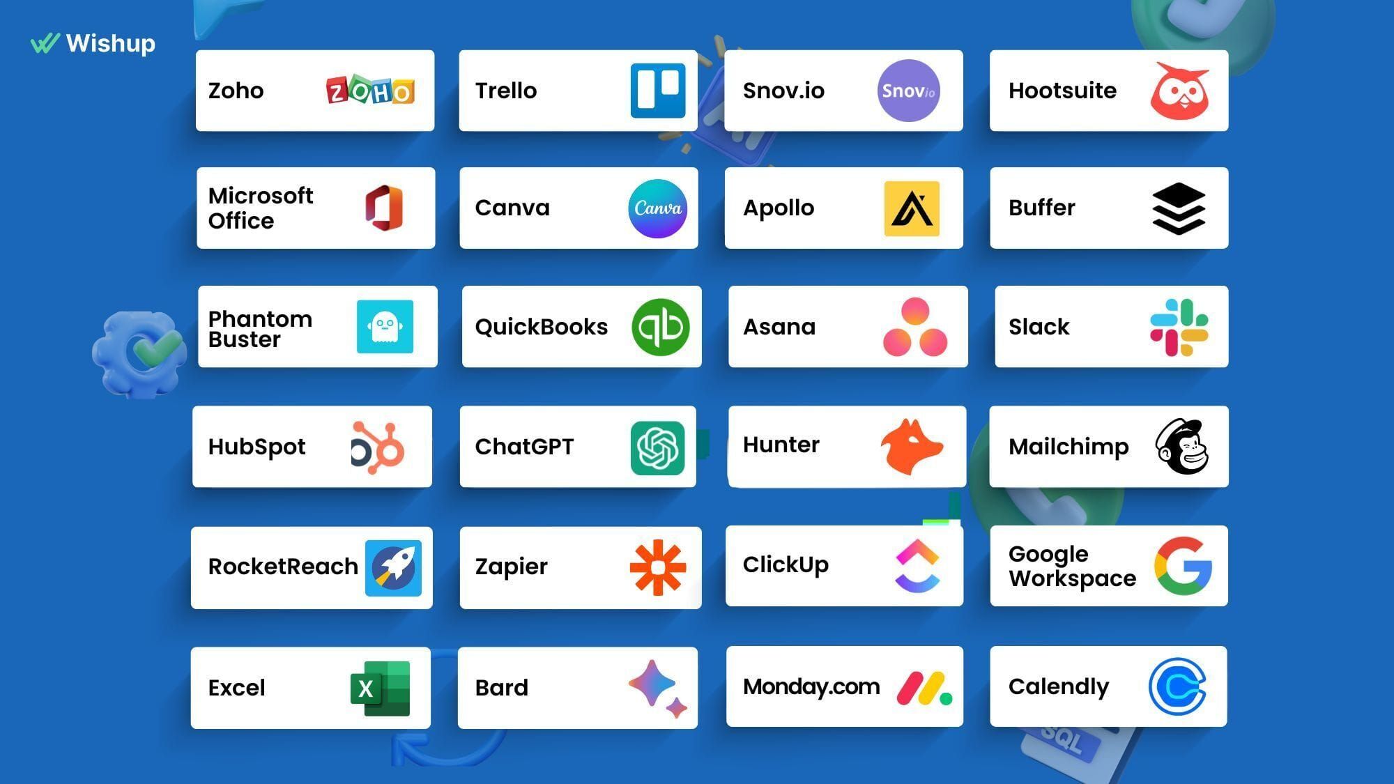 Logos of some of the 120+ AI and no-code tools mastered by Wishup virtual assistants.