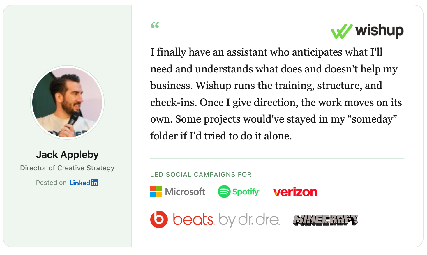 Testimonial from Jack Appleby, Director of Creative Strategy, praising Wishup's virtual assistant service, alongside logos of brands he's led social campaigns for: Microsoft, Spotify, Verizon, Beats by Dre, and Minecraft.