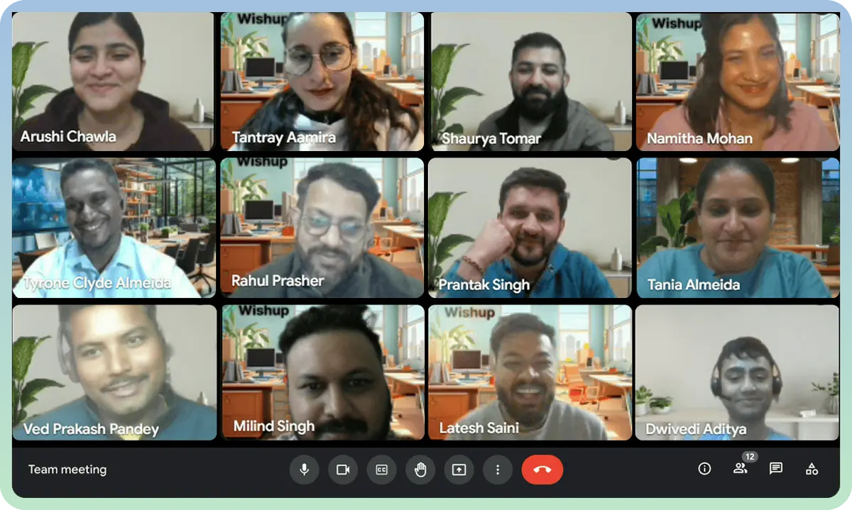 Wishup team video meeting showing happy remote workers